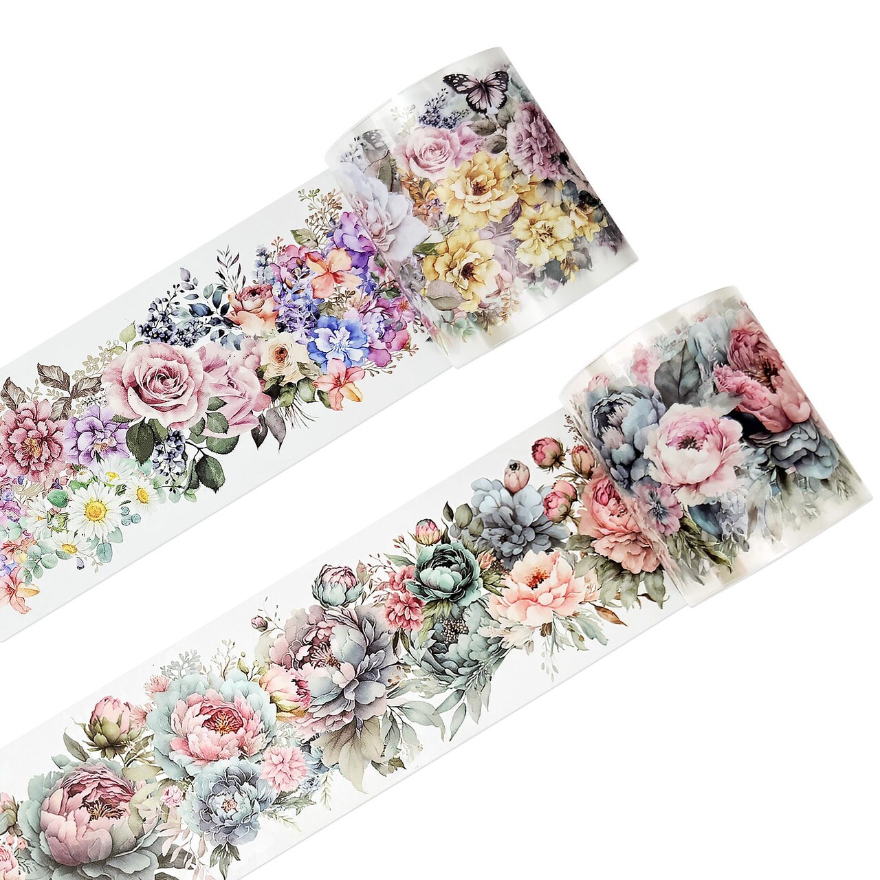 Wrapables Classic Floral PET Washi Tape for Scrapbooking, Stationery, Journaling, Diary, Card Making (Set of 2), Pink and Gray
